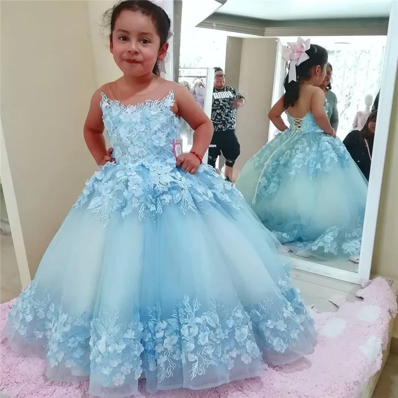 Puffy Flower Girl Dresses For Wedding Kids 3D Floral Appliques Princess Sheer Neck Birthday Party Ball Gown Prima Comunione Wear