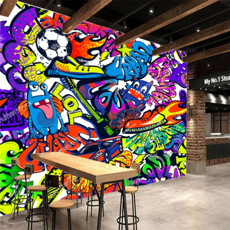 Abstract Grunge Graffiti Bar Carte Da Parati Murale Testo Colorato Monster Guitar Fireball Ktv Sfondi Per Decorazioni Industriali