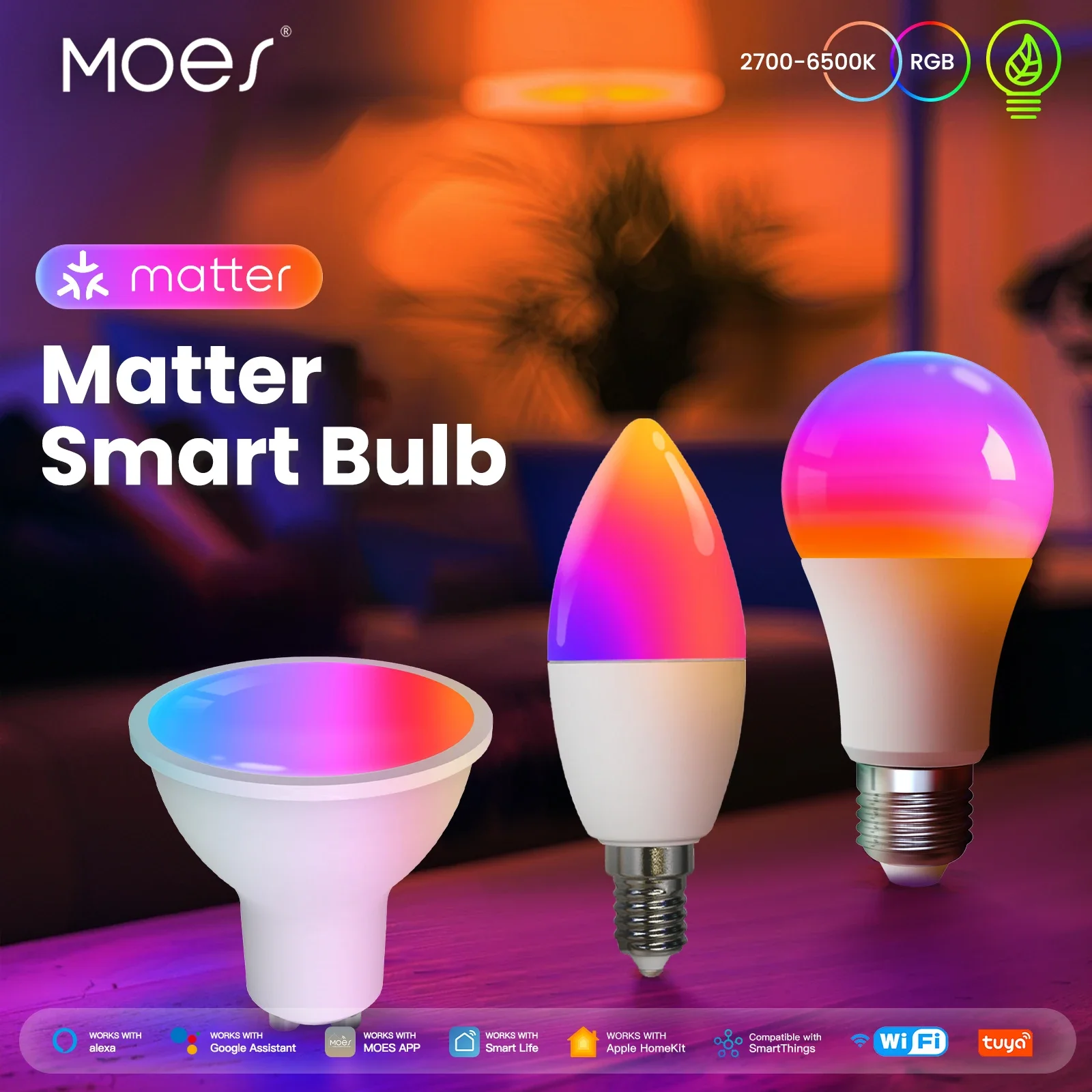 Tuya Matter Wifi Smart Bulb Luce Led Dimmerabile 16 Milioni Di Colori Rgb Gu10 E27 E14 Lampada A Candela Controllo Vocale Alexa Google Home