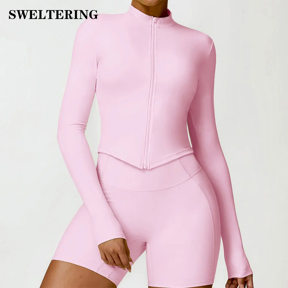 Giacca Da Donna Full Zip-Up Yoga Top Gym Push Up Workout Giacche Da Corsa Camicia A Maniche Lunghe Aderente Elasticizzata Crop Top Activewear