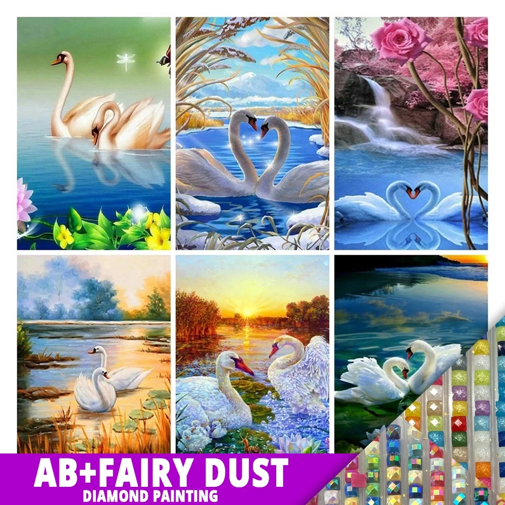 Ab Fairy Dust Diy 5D Full Diamond Painting Ricamo Animal Drill Lakeside White Swan Mosaic Furniture Decor Hobby Gift