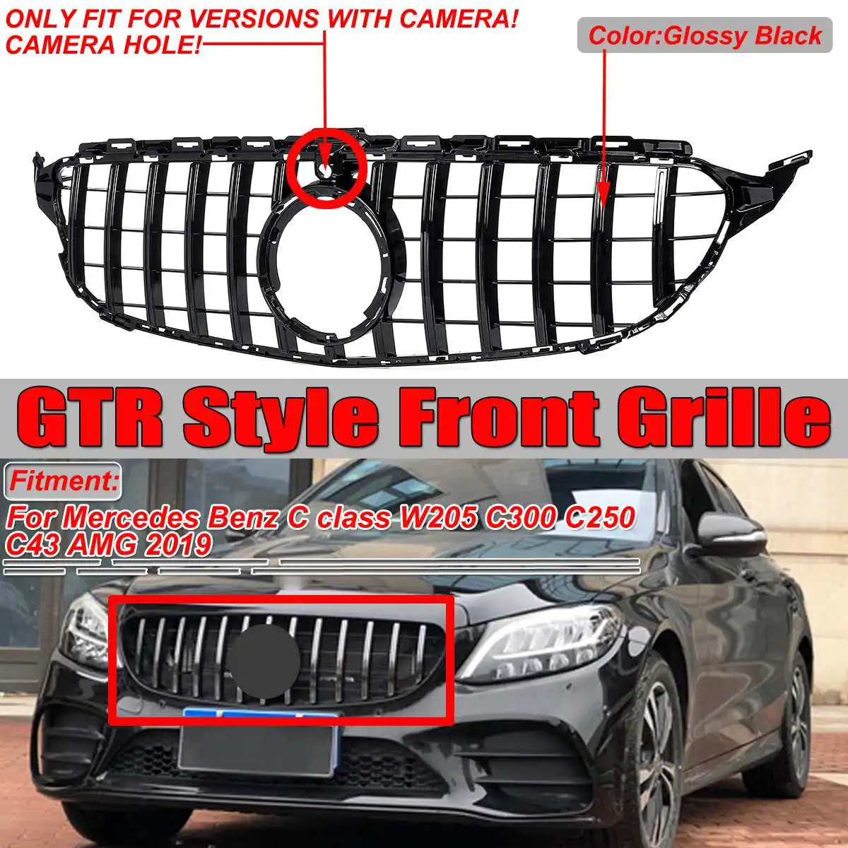 For Gtr Gt W205 Grill Car Front Grill Grille With Camera For Mercedes For Benz C Class W205 C300 C250 C43 For Amg 2019