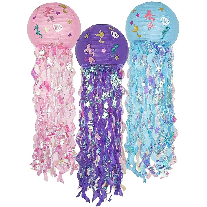Promozione! Confezione Da 3 Lanterne Di Carta Meduse Kit Sirena Hanging Wishes Lantern,For Girls Birthday,Ocean Theme Party Decoration La