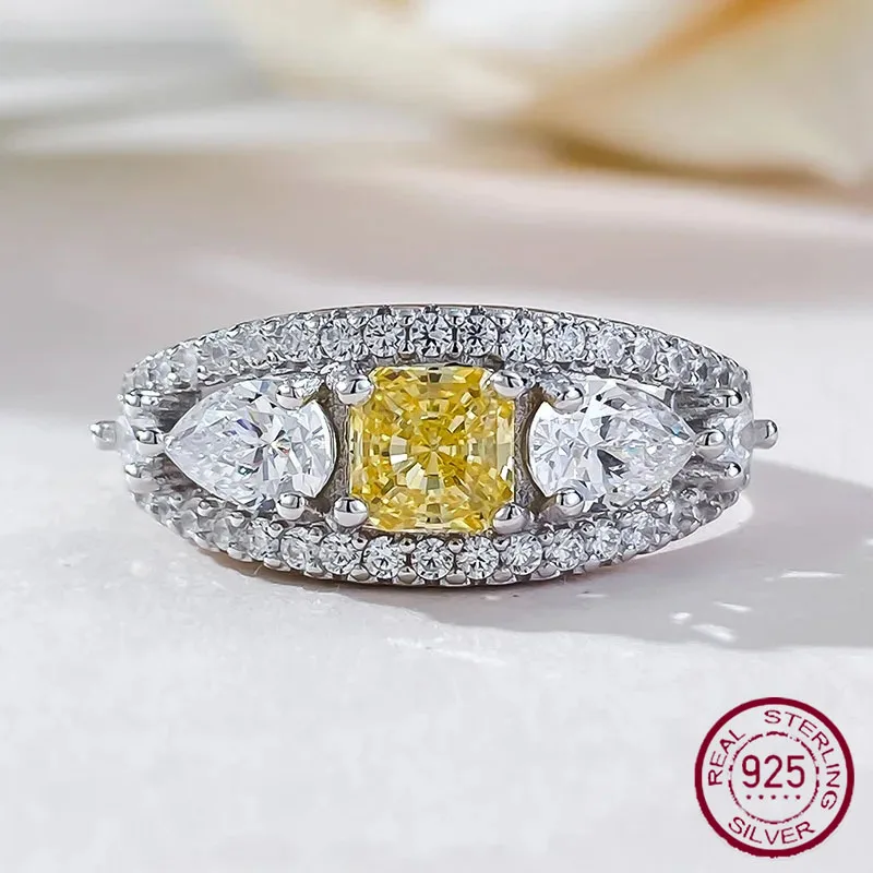 Longlong Gold Jewelry Live Broadcast S925 Silver Ice Flower Cut High Carbon Diamond 5*5 Yellow Diamond Light Luxury