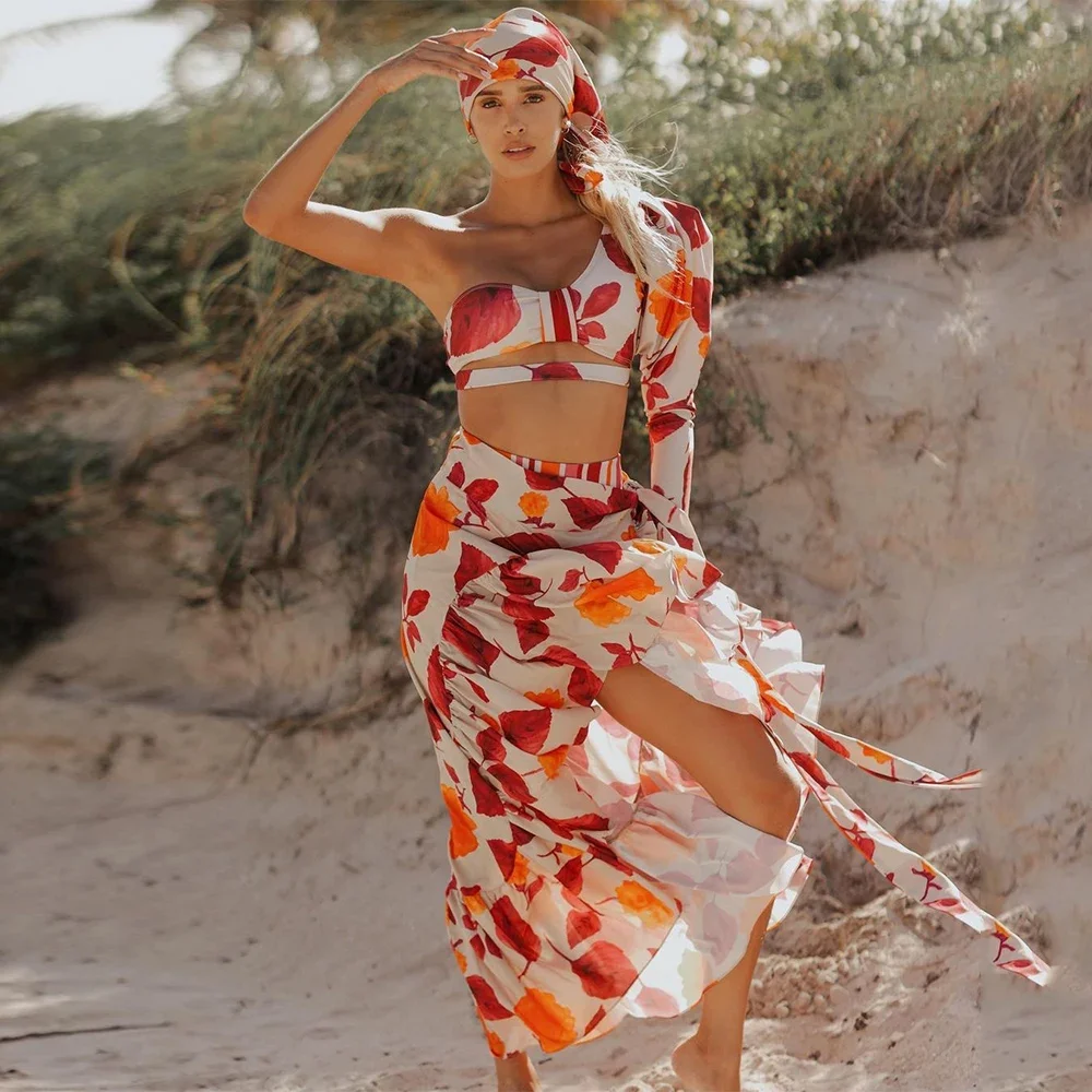 2024 New Beach Wear Print Bikini Set Donna Wrap Gonna Costume Da Bagno Vita Alta Cover Up Sexy Sarong Plage Beach Wear Costume Da Bagno