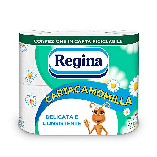 Regina Cartacamomilla - 4 Rotoli Di Carta Igienica, 300 Soffici Fogli A 3 Veli, Delicata E Consistente, Profumo Di Camomilla, Confezione In Carta Rici