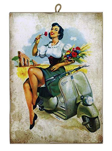 Kustom Art Quadro Quadretto Stile Vintage Serie Scooter "Vespa" Donna Sul Motorino. Stampa Su Legno - 24 X 17 Cm.