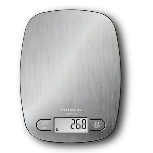 Taurus 990719000 Easy Inox - Bilancia Da Cucina Digitale, Capacità 5 Kg, Funzione Tara, 4 Sensori Di Precisione, Colore Argento, 15 Cm X 20 Cm