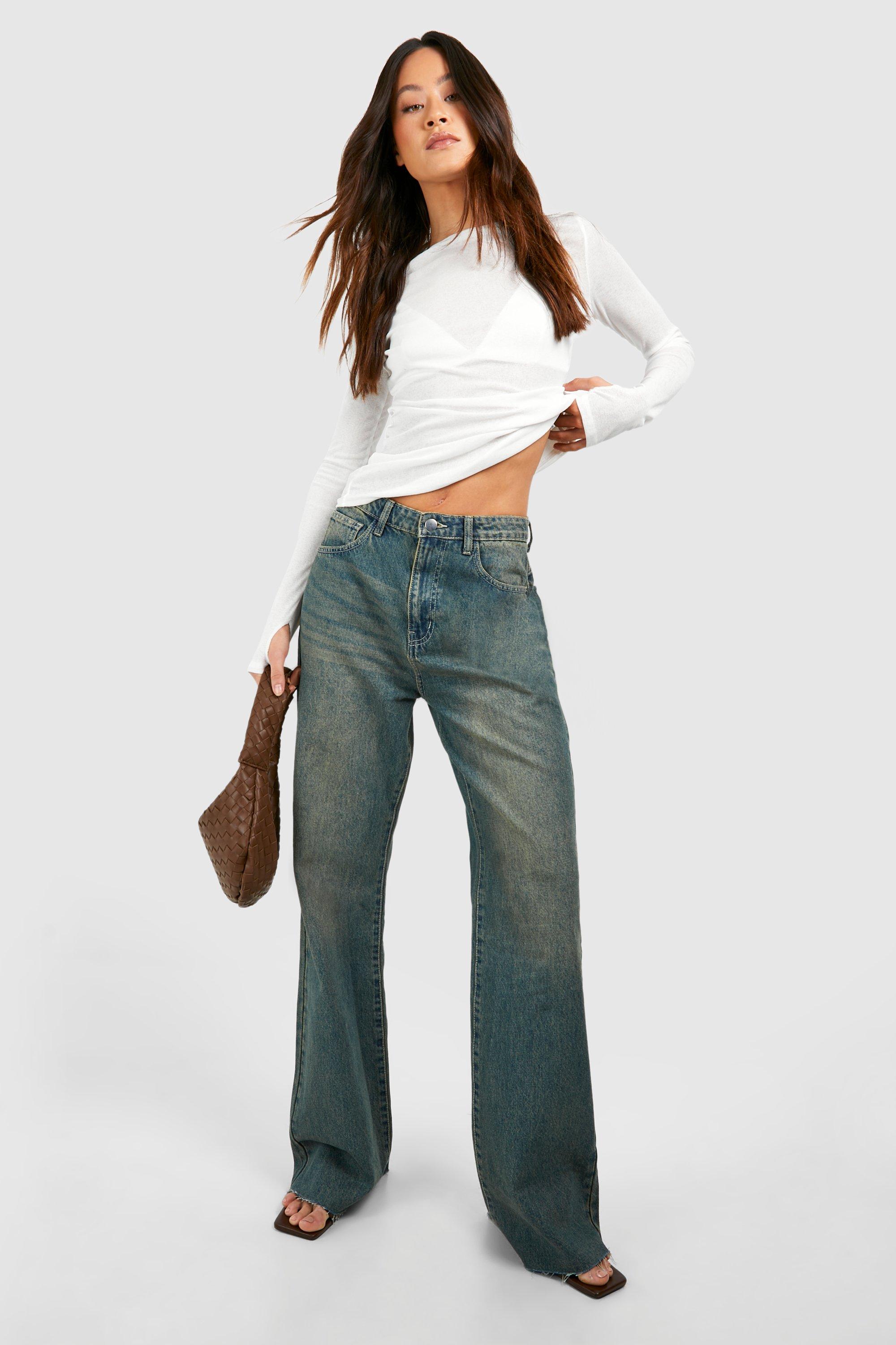 Tall Vintage Wash Raw Fray Hem Straight Leg Jeans, Azzurro