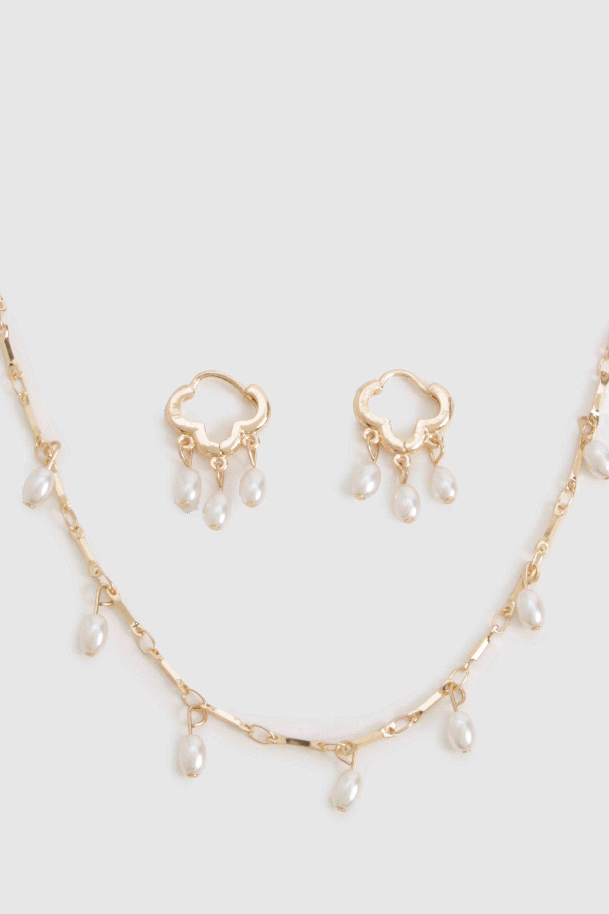 Pearl Detail Hoop Earrings & Necklace Multipack, Metallics