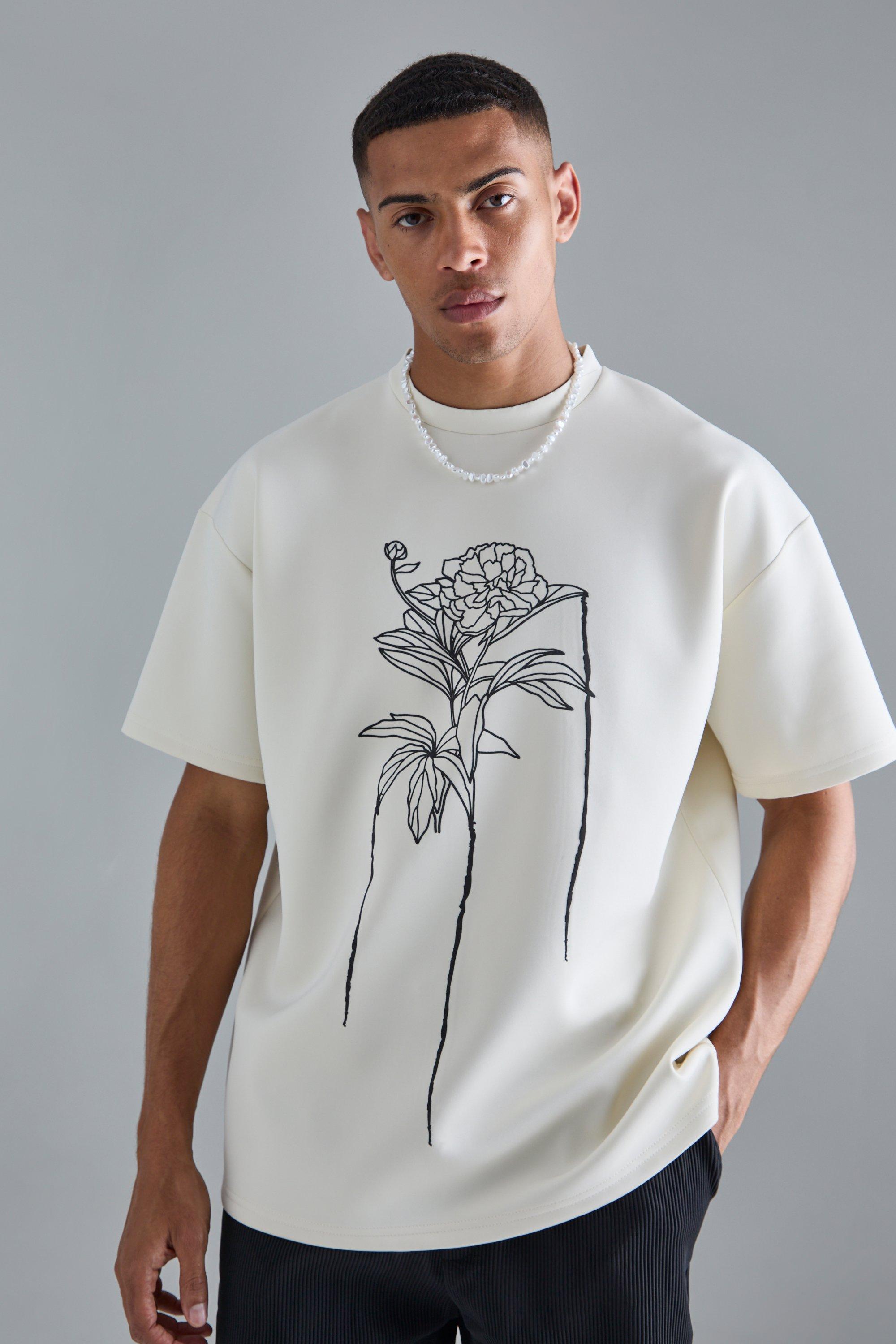 Oversized Floral Line Drawing Scuba T-shirt, Cream