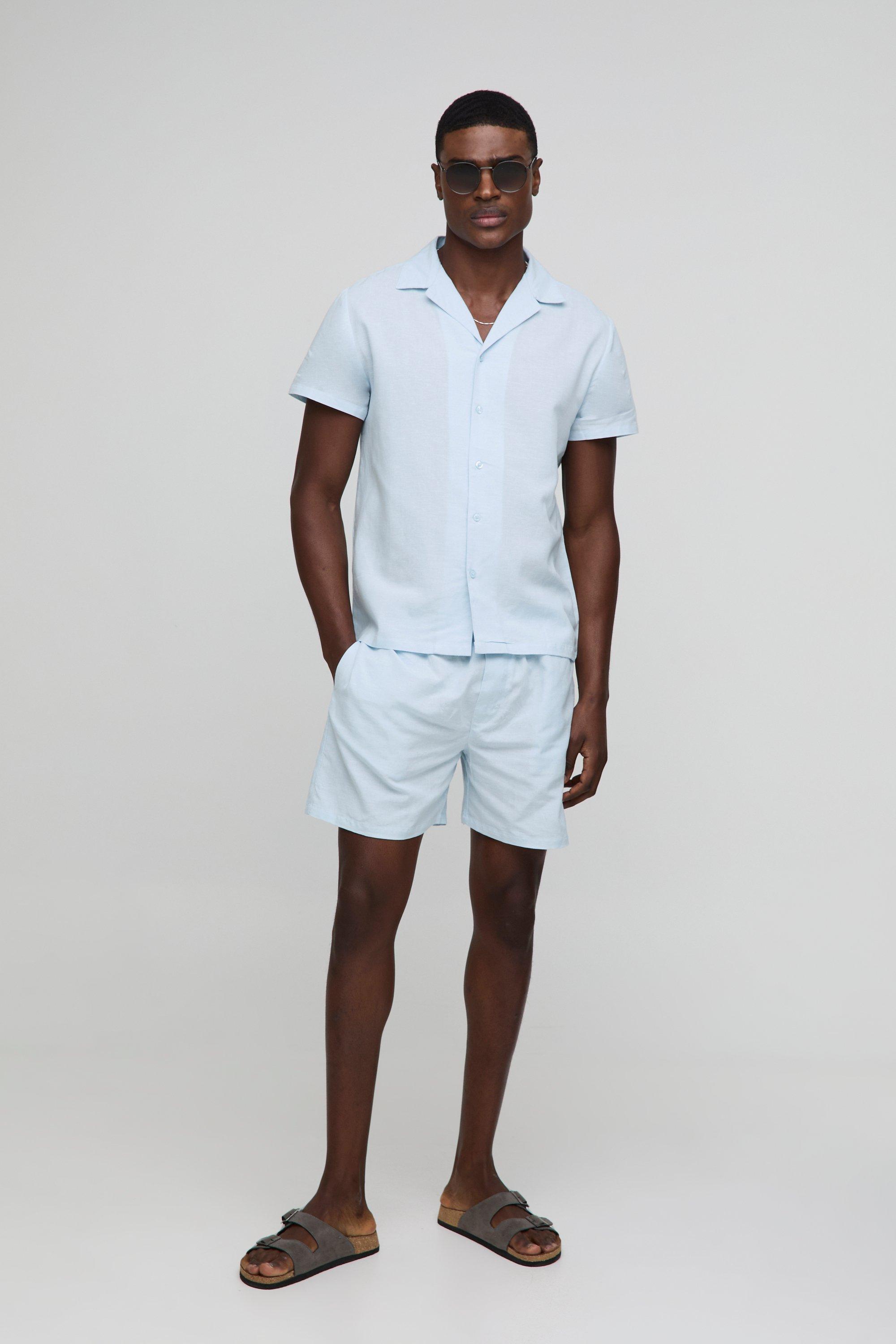 Short Sleeve Linen Shirt & Short, Azzurro