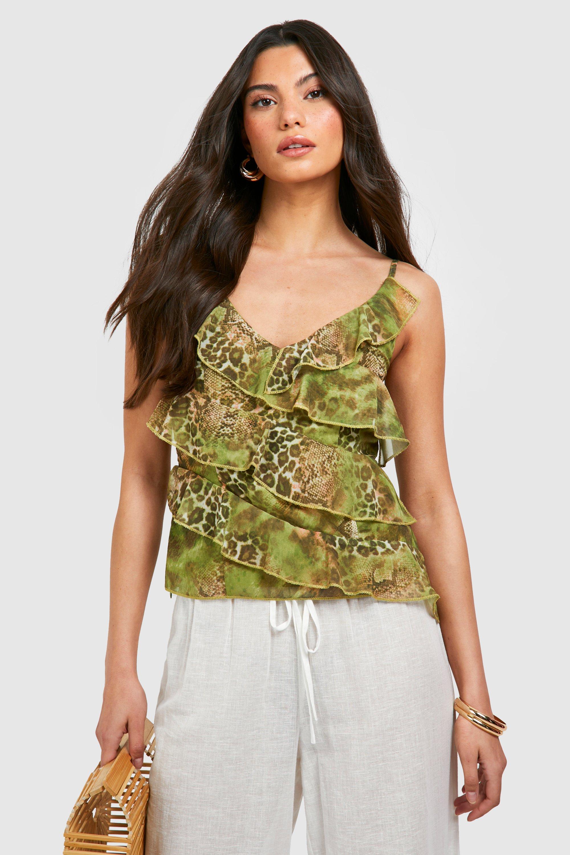 Snake Printed Ruffle Chiffon Cami, Verde