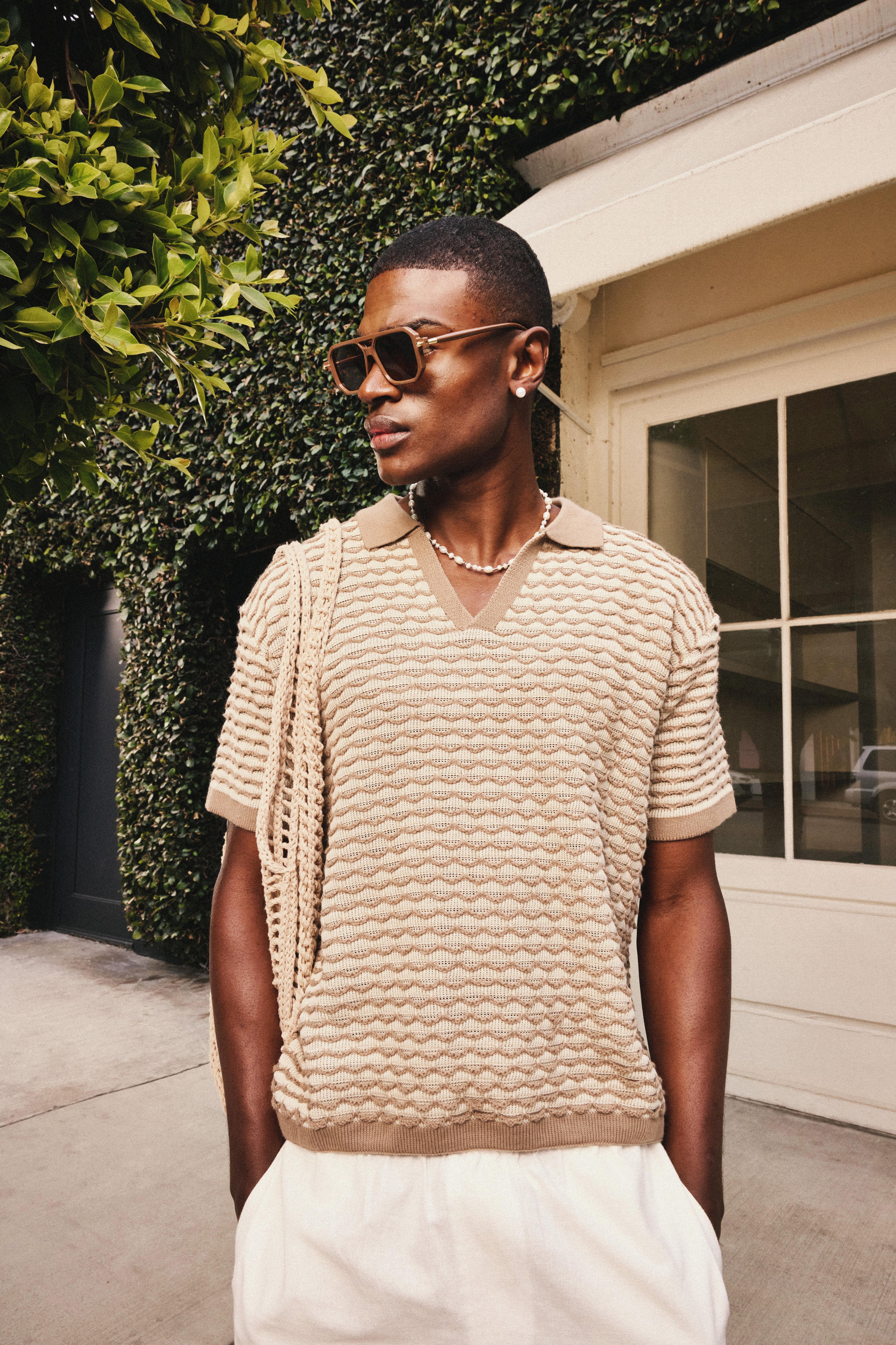 Oversized Boxy Stripe Textured Knit Polo, Beige
