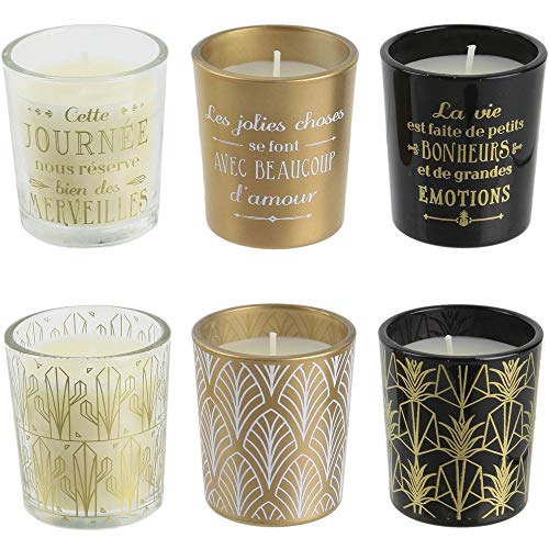 The Candle Factory Bo5134 - Set Di 6 Candele Profumate "Home Deco Art", Colore: Oro Nero E Trasparente, 6 Pezzi, Dimensioni: 5,5 X 14,6 X 18,6 Cm
