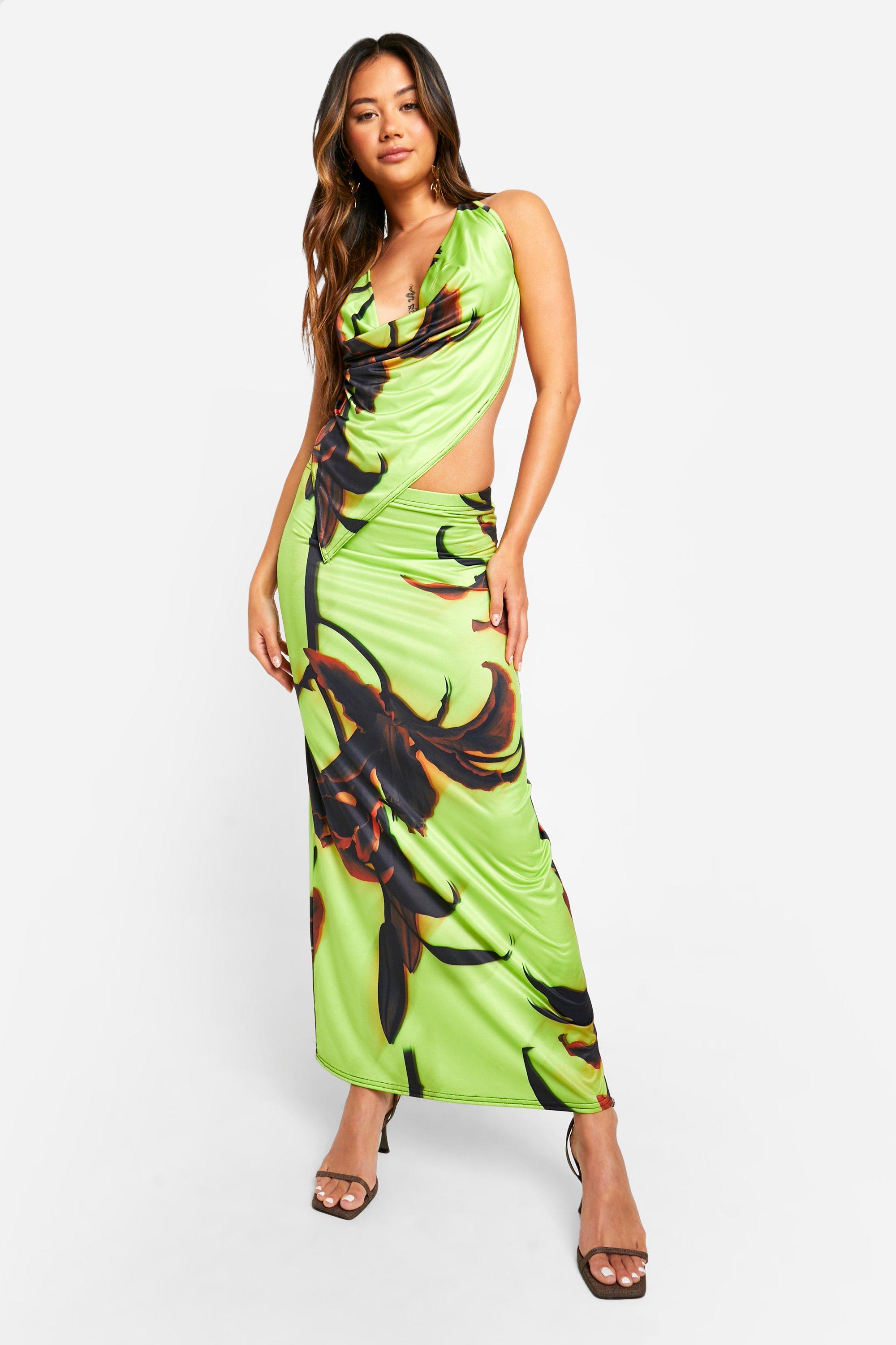 Large Scale Floral Slinky Cowl Cami & Maxi Skirt, Verde
