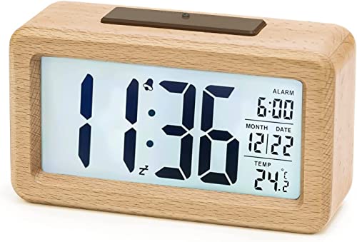 Aboveclock Sveglia Digitale In Legno, Led Orologio Digitale Senza Ticchettio Con Display Data, Temperatura, Funzione Snooze, Alimentato A Batteria【3 B