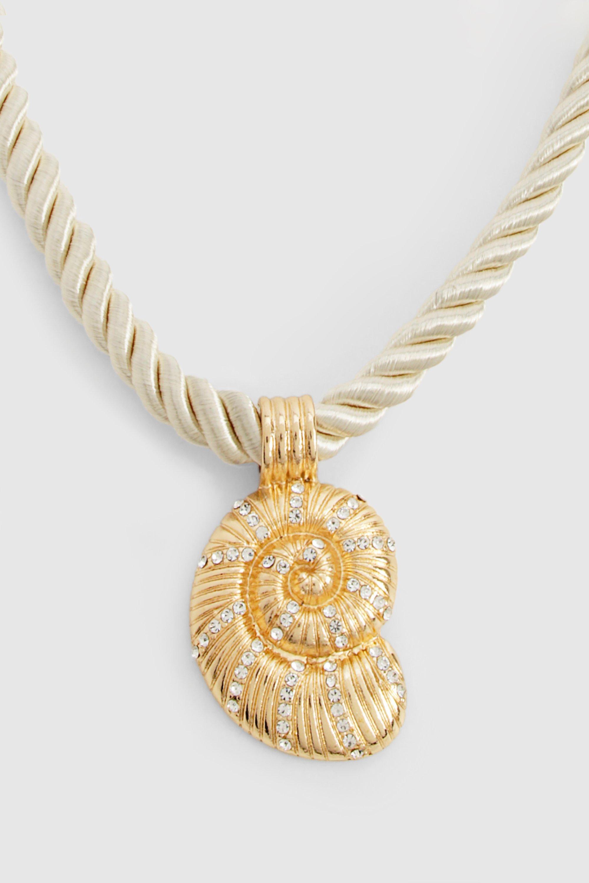 Embellished Shell Pendant Rope Necklace, Metallics