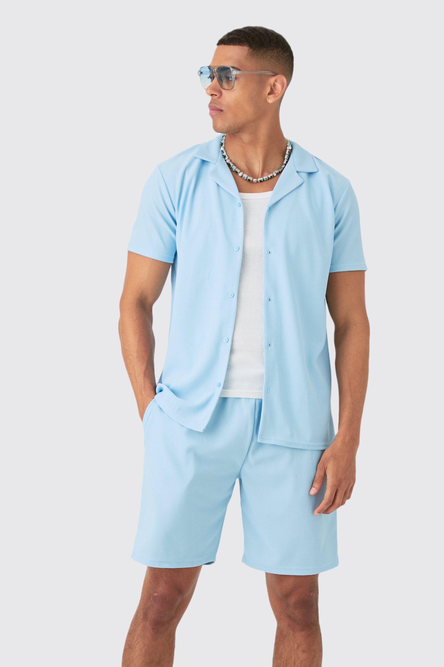 Short Sleeve Ribbed Shirt & Short, Azzurro