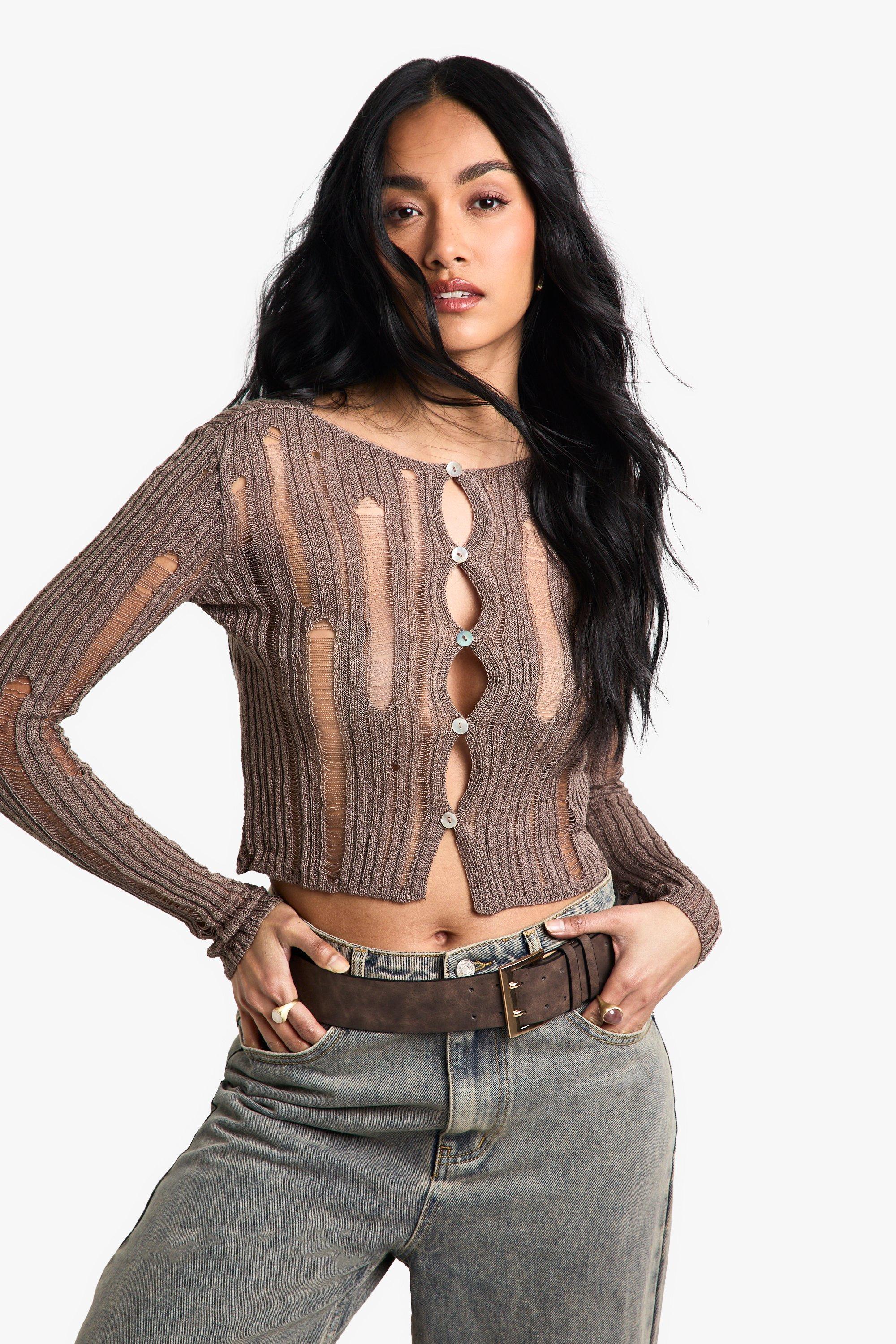 Ladder Knit Crop Cardigan, Beige