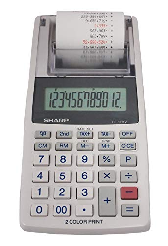 Sharp El-1611V - Mini Calcolatrice Da Tavolo Grigio Con Display Lcd A 12 Cifre Colori In Stampa Nero E Rosso