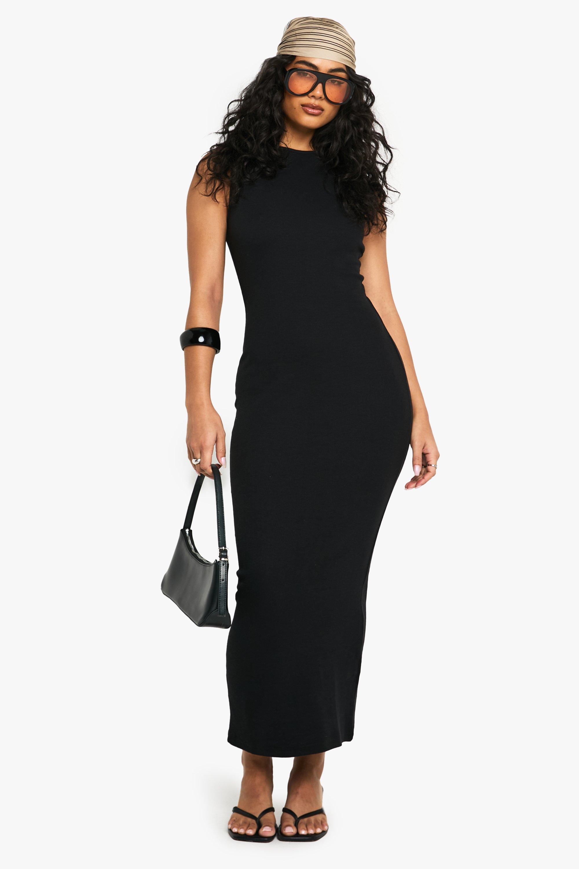 Basic Rib Notch Maxi Dress, Nero