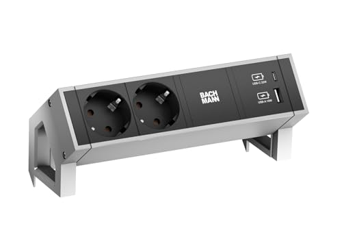 Bachmann Ciabatta Elettrica Desk 2, 2 Prese, 1 Caricatore Usb-C/Usb-A Inox