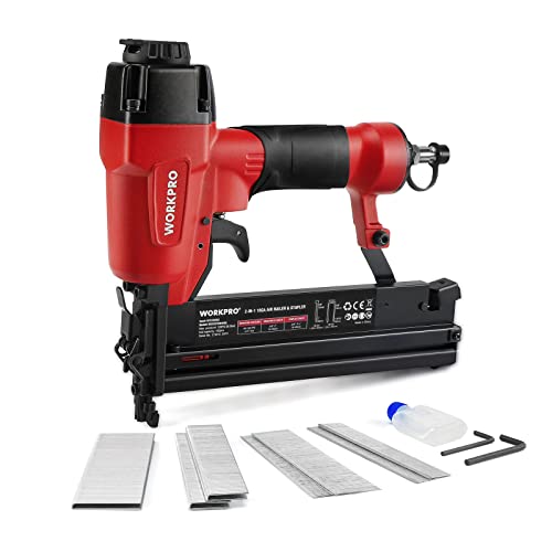 Workpro Chiodatrice Pneumatica 2 In 1, Sparachiodi Aria Compressa Con 400 Chiodi E 300 Graffette, Scarico Dell'Aria 360° Orientabile