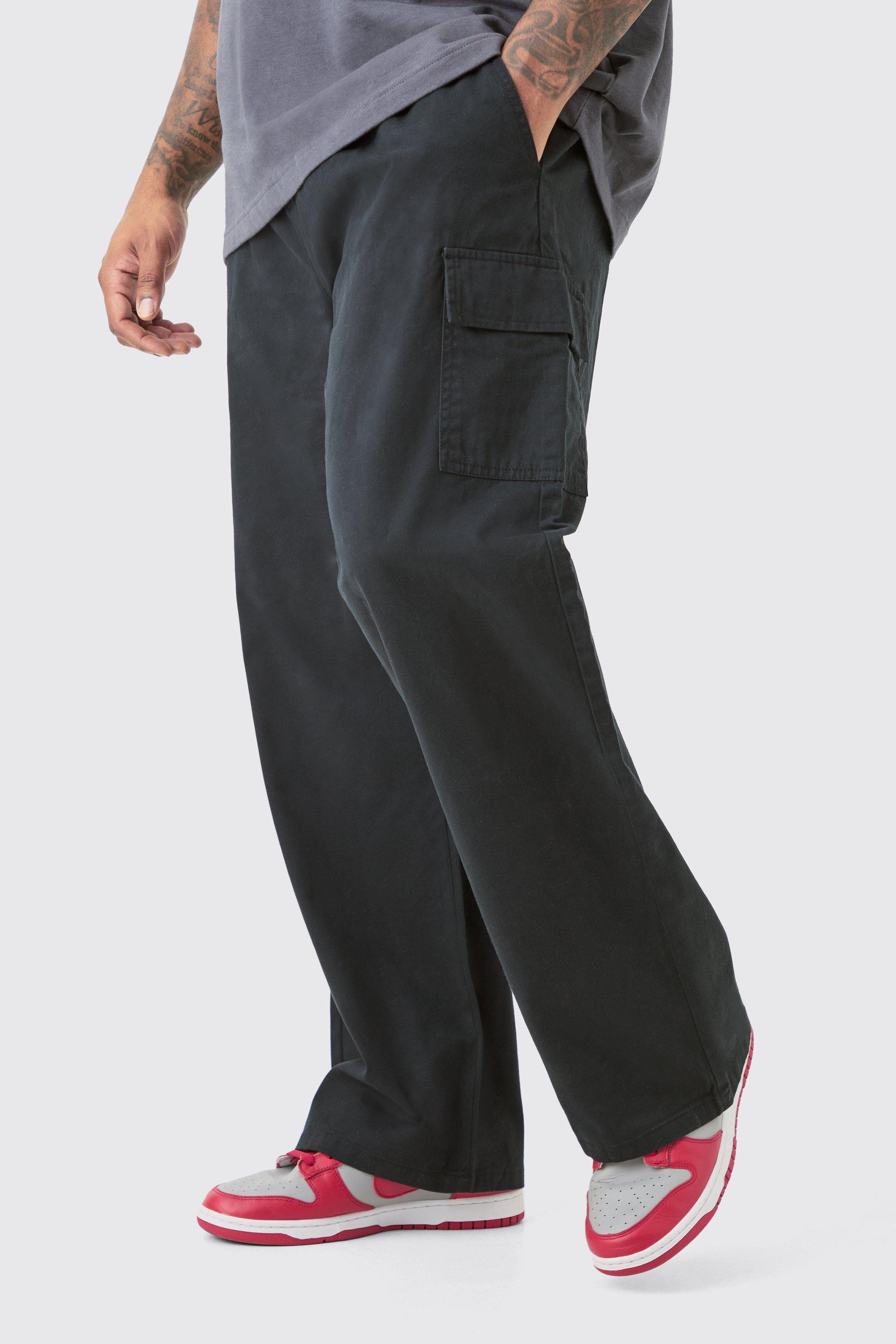 Plus Elastic Waist Twill Relaxed Fit Cargo Trouser, Nero