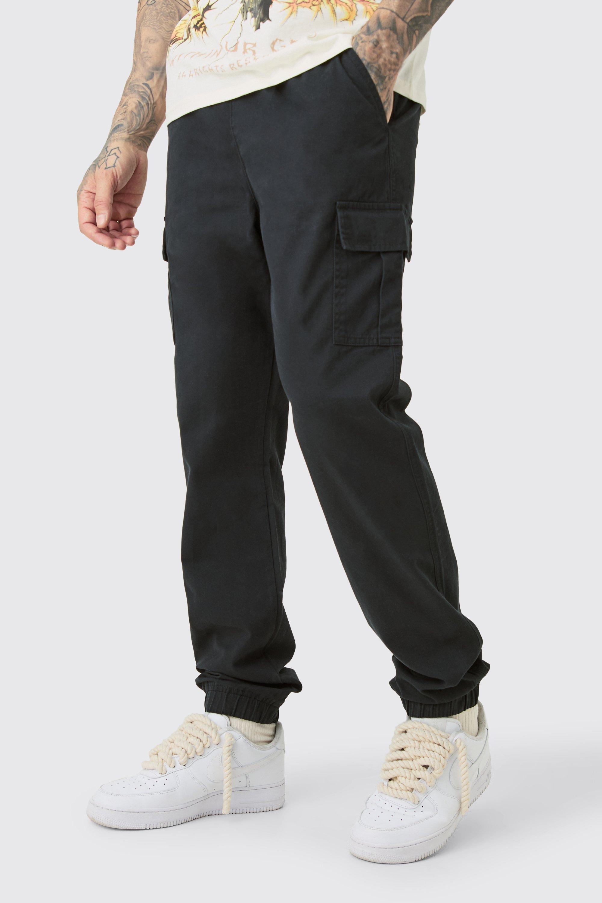 Tall Elastic Waist Twill Slim Fit Cargo Trouser, Nero