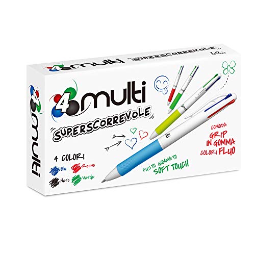 Osama, 4 Multi - Set Penne Colorate 4 Colori, 12 Pezzi - Penna Multicolore A Sfera, 1.0 Mm, Con Inchiostro Nero, Blu, Rosso E Verde, Ideale Per Cartol