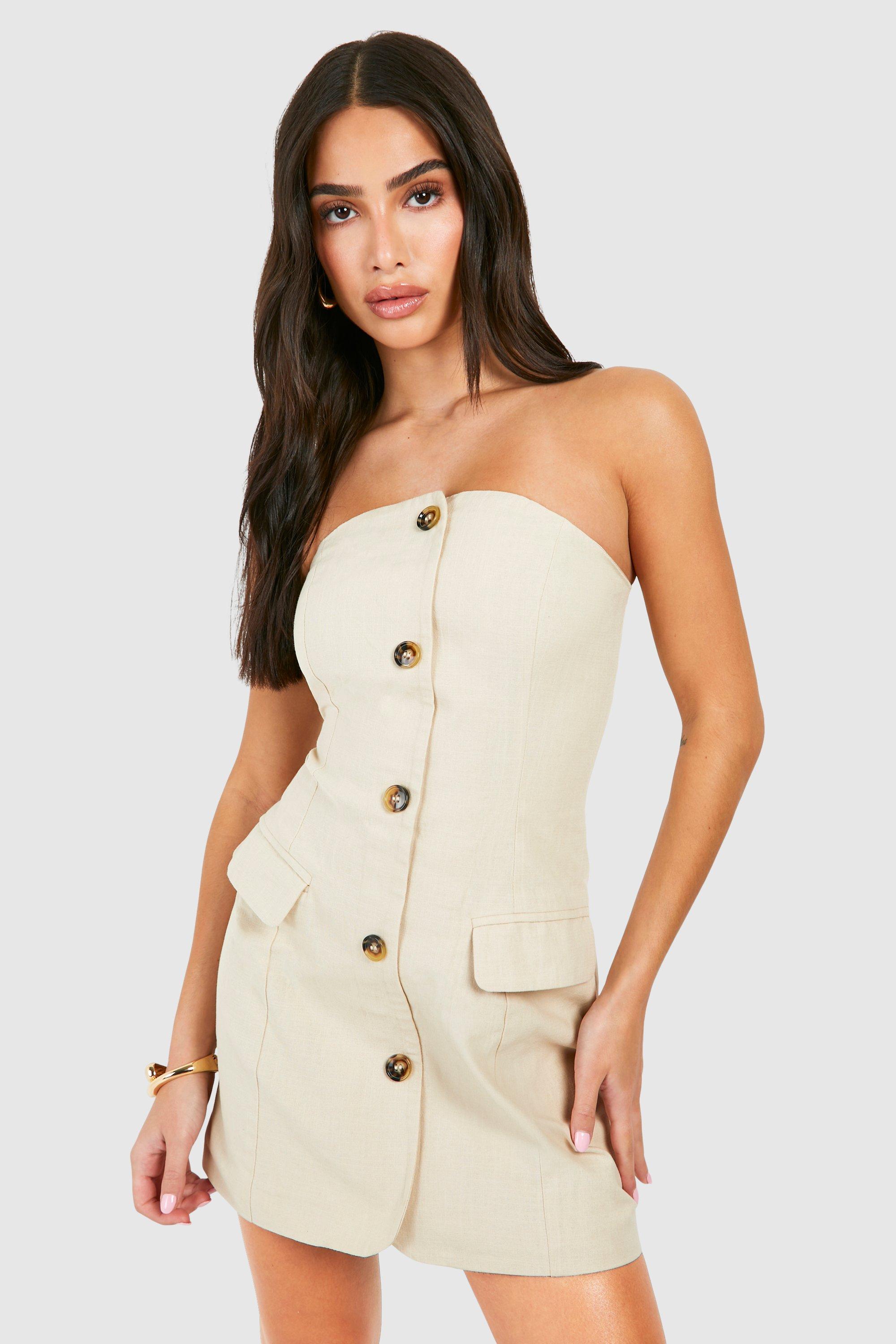 Petite Linen Bandeau Blazer Dress, Beige