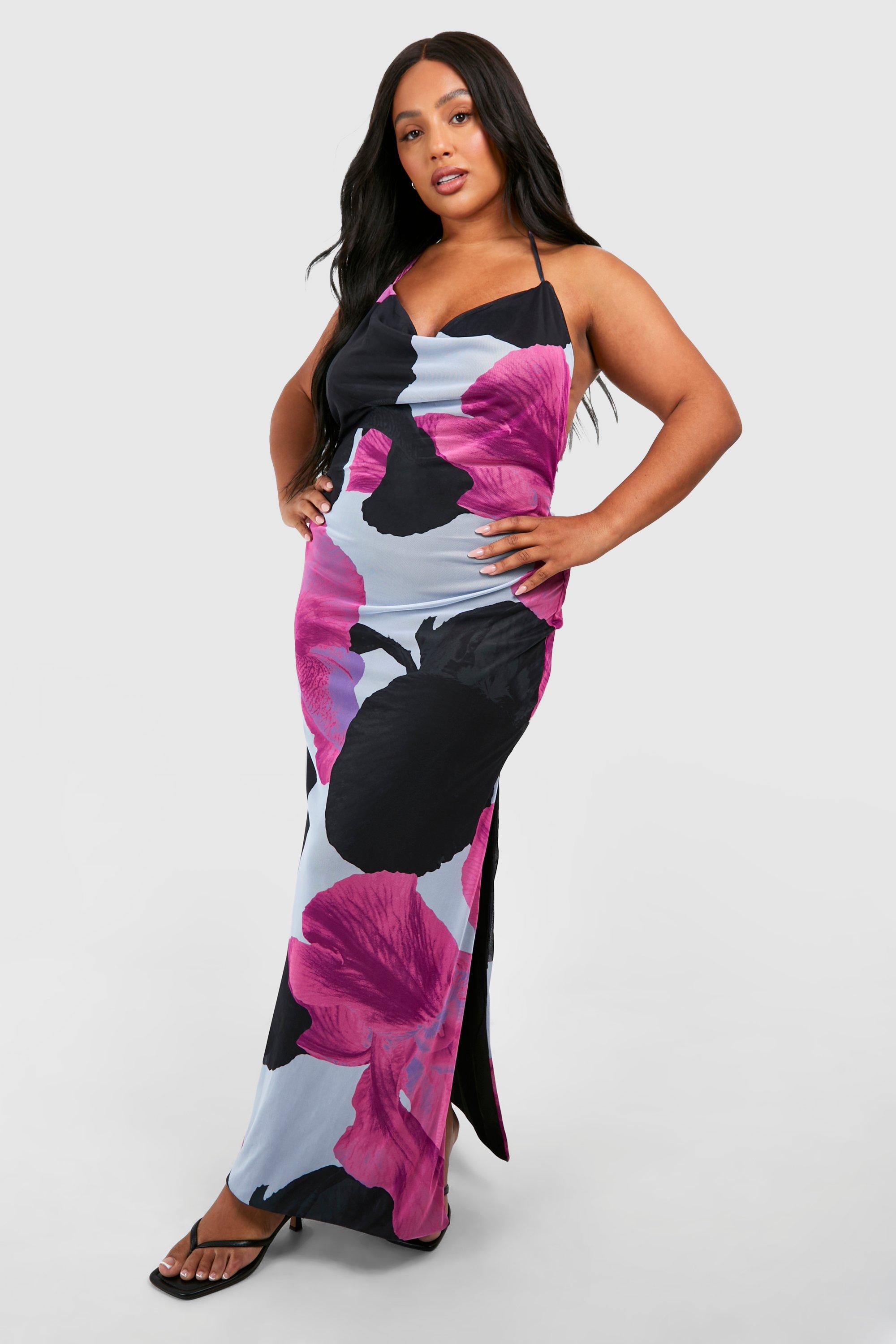 Plus Halterneck Low Back Printed Maxi Dress, Azzurro