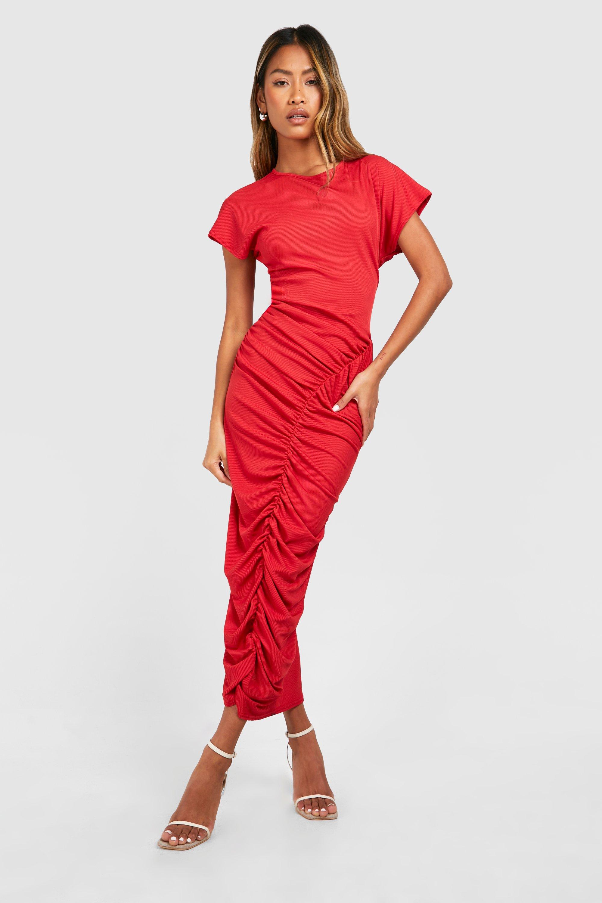 Rib Ruched Maxi Dress, Rosso
