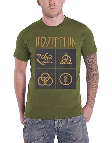 Led Zeppelin Ledzeppelin_Gold Symbols Square_Men_Green_Ts: L T-Shirt, Nero (Black Black), Large Uomo