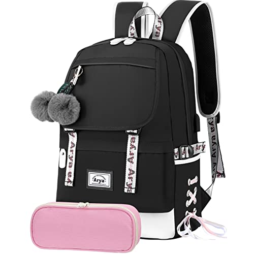 Arya Zaino Scuola Elementare Bambina Zainetto Ragazza Borsa Scuola Media Viaggio Per Le Bimba 8 9 10 11 12 13 14 Anni (Nero)