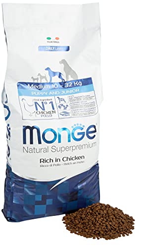 Monge Natural Superpremium Puppy And Junior Rich In Chicken, Cibo Per Cani Di Tutte Le Razze (Cibo Secco Per Cani Da 10 A 32 Kg, Con Pollo, Molto Ricc