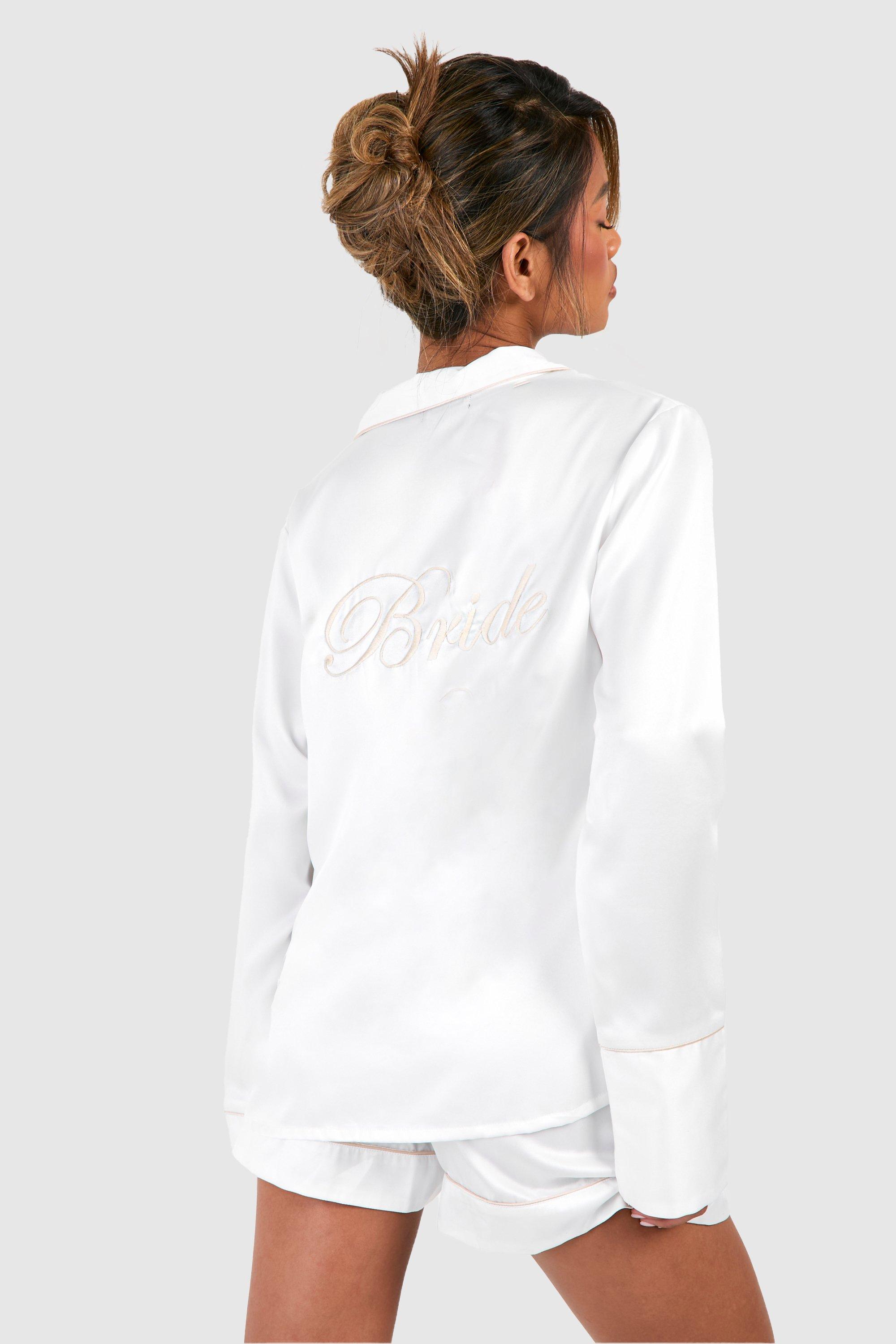 Bride Embroidered Long Sleeve Shirt & Short Set, Bianco