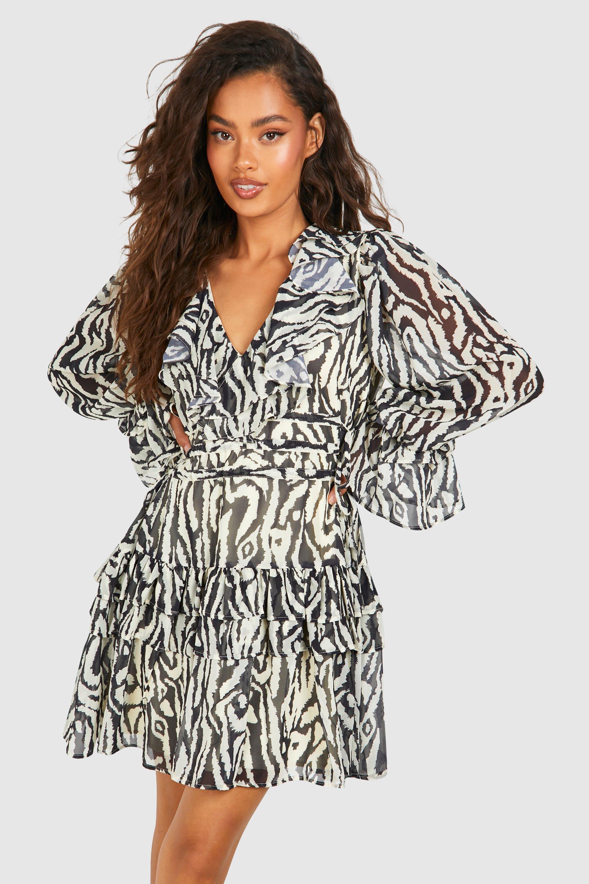 Animal Print Chiffon Ruffle Smock Dress, Nero