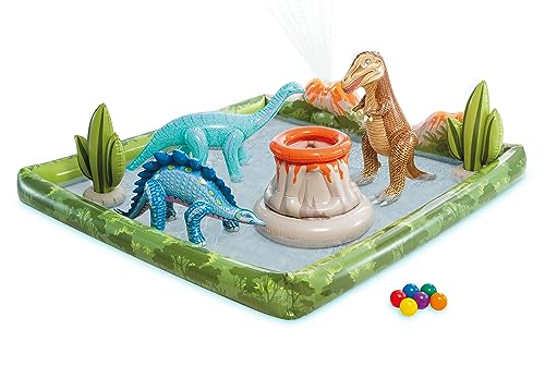 Intex Jurassic Adventure - Piscina Gonfiabile Per Bambini, Con Spruzzatore D'Acqua E Scivolo, Include Dinosauri Gonfiabili, 200,7 X 200,7 X 35,6 Cm, E