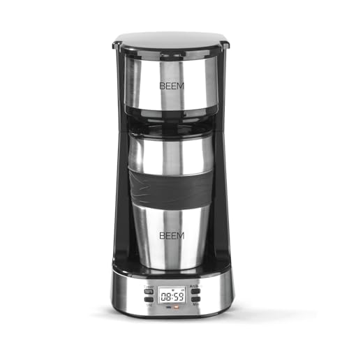 Beem Thermo 2 Go Caffettiera Con Filtro Per 1 Tazza - Thermo | Include Tazza Da Asporto Da 0,4 L E Filtro Permanente | Timer 24 Ore, 750 Watt [Acciaio