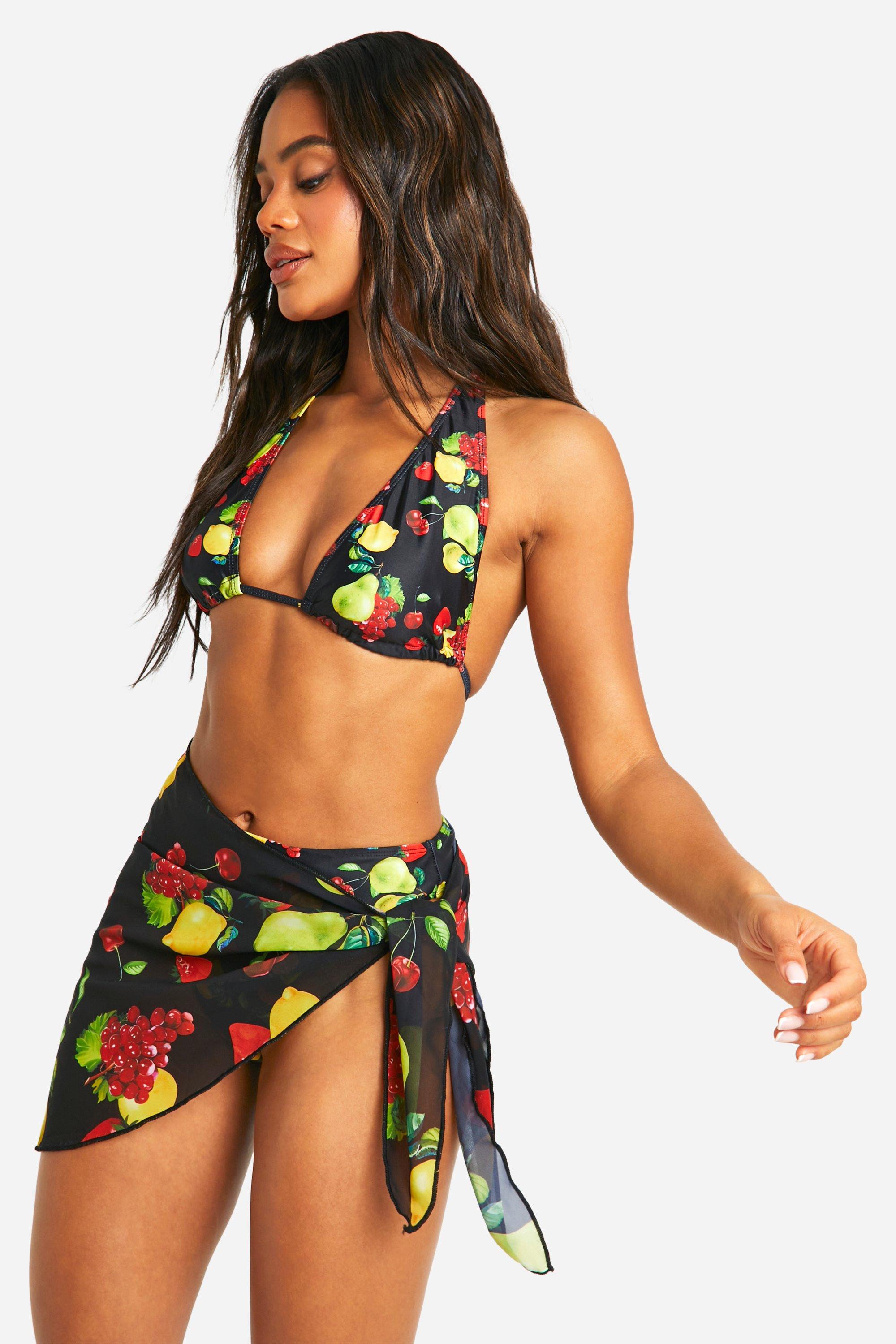 Fruit Print Tie Beach Sarong, Nero
