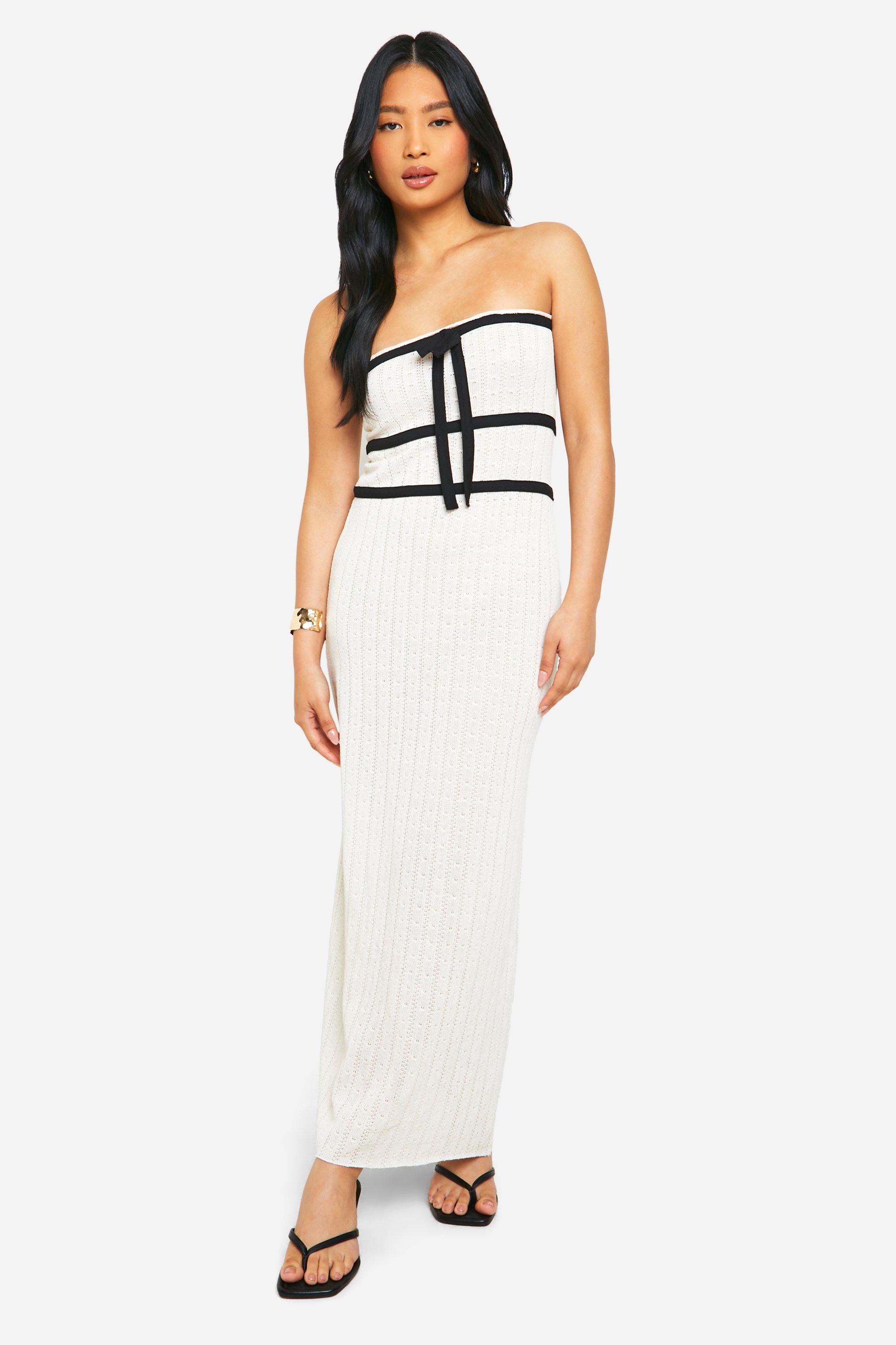 Petite Knit Contrast Binding Bandeau Maxi Dress, Bianco