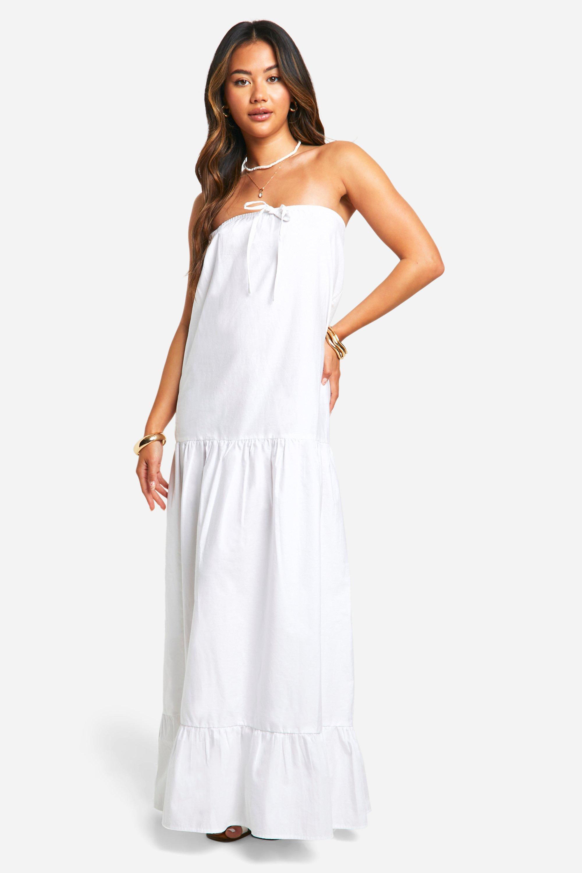 Cotton Poplin Bandeau Volume Maxi Dress, Bianco