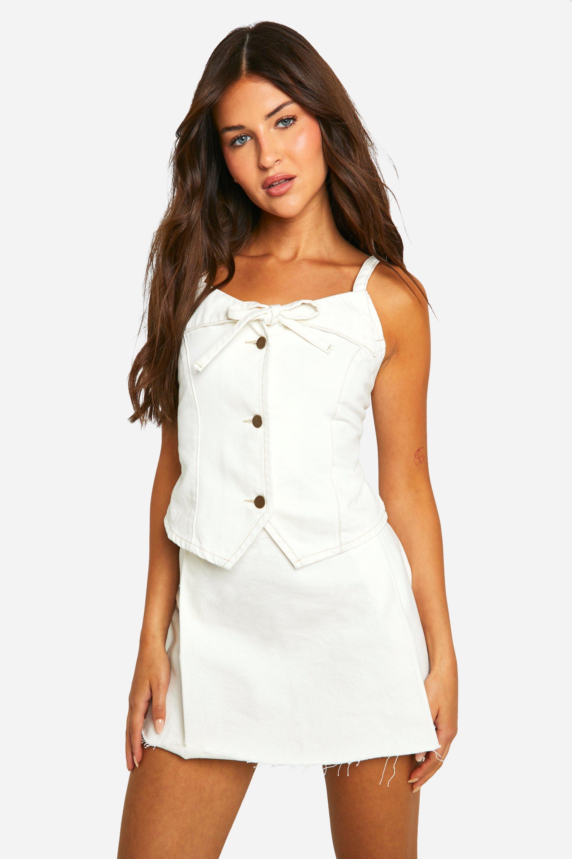 Ecru Button Through Denim Crop Top, Cream