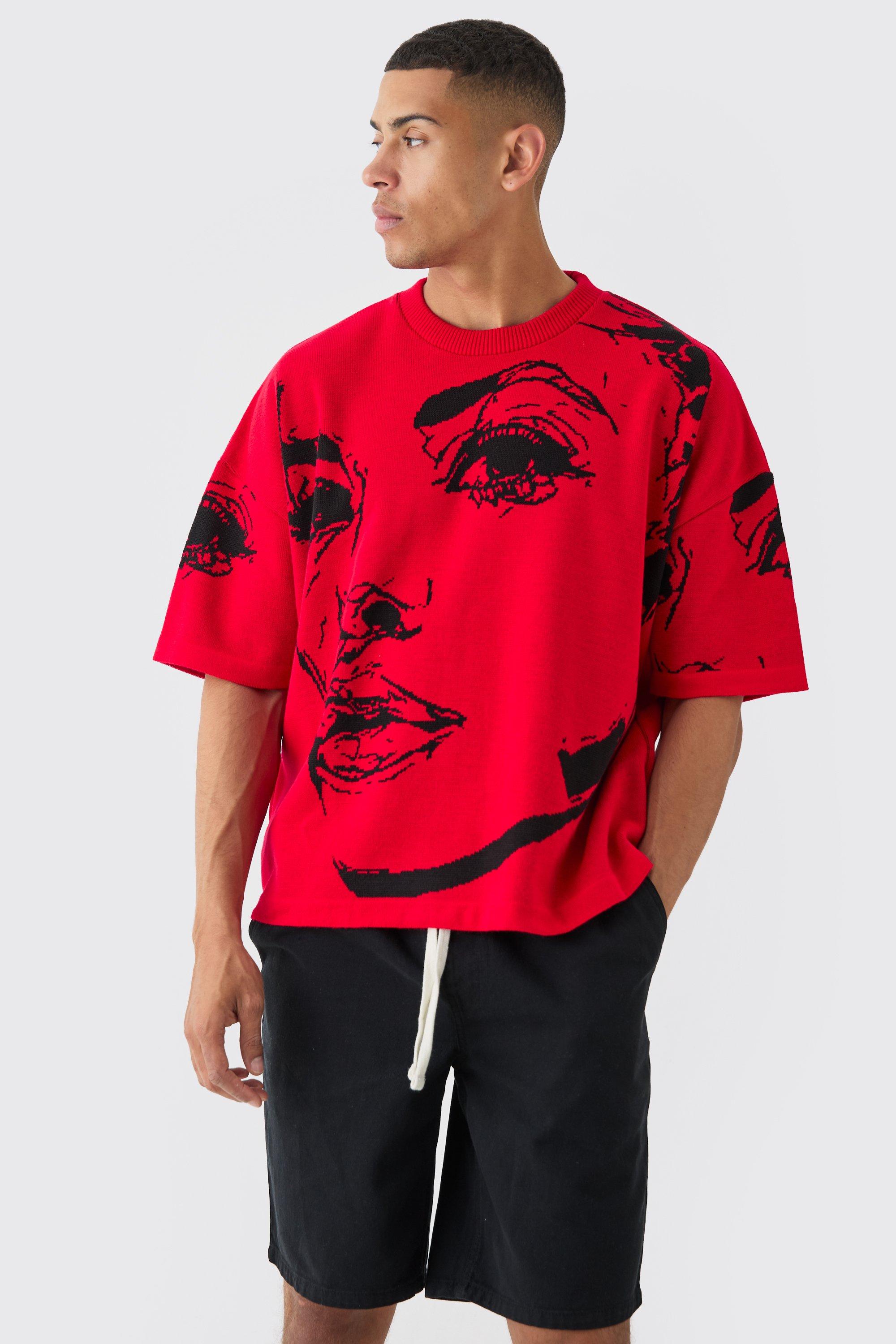 Oversized Line Drawing Knitted T-shirt, Rosso