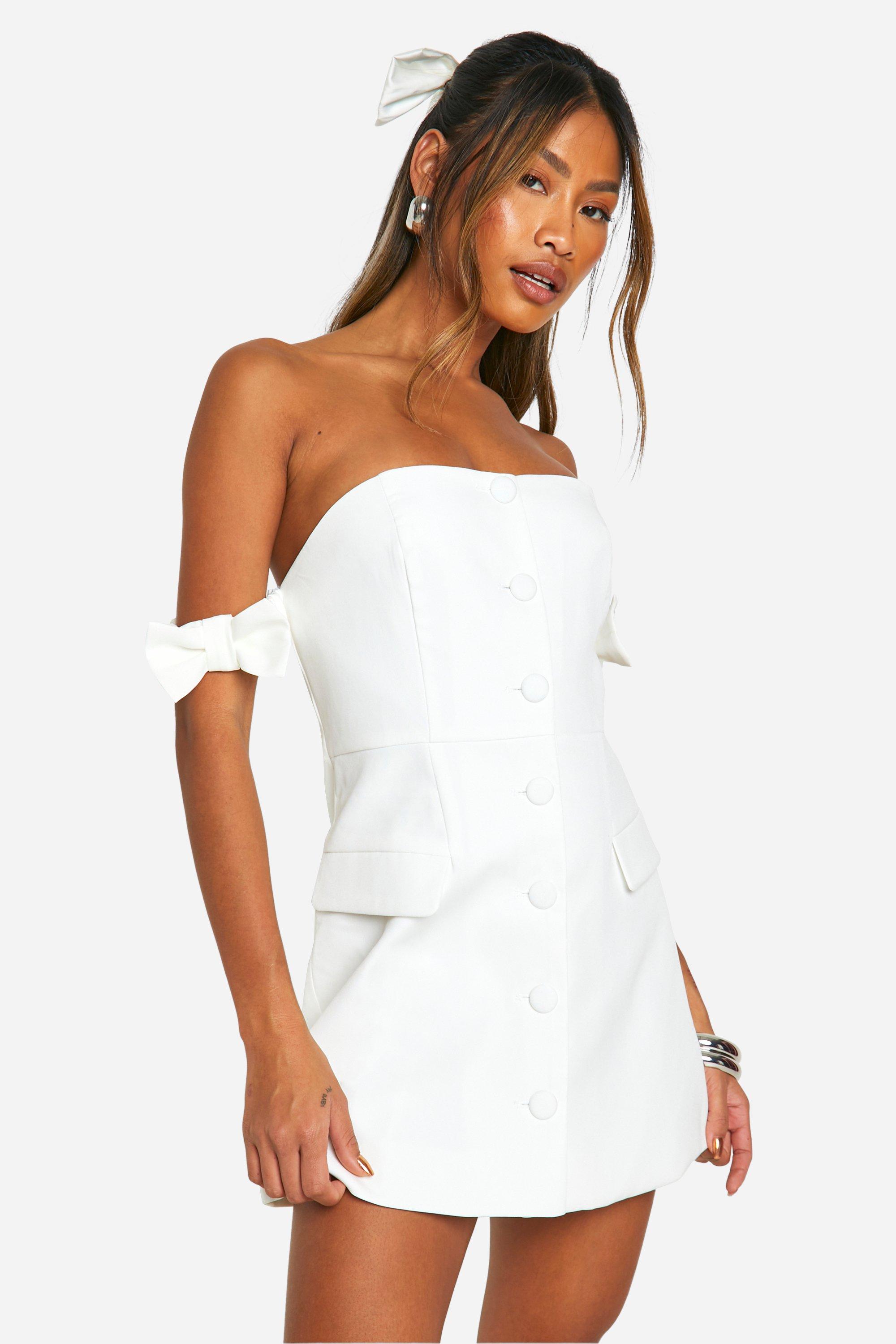 Bow Bardot Tailored Mini Dress, Bianco