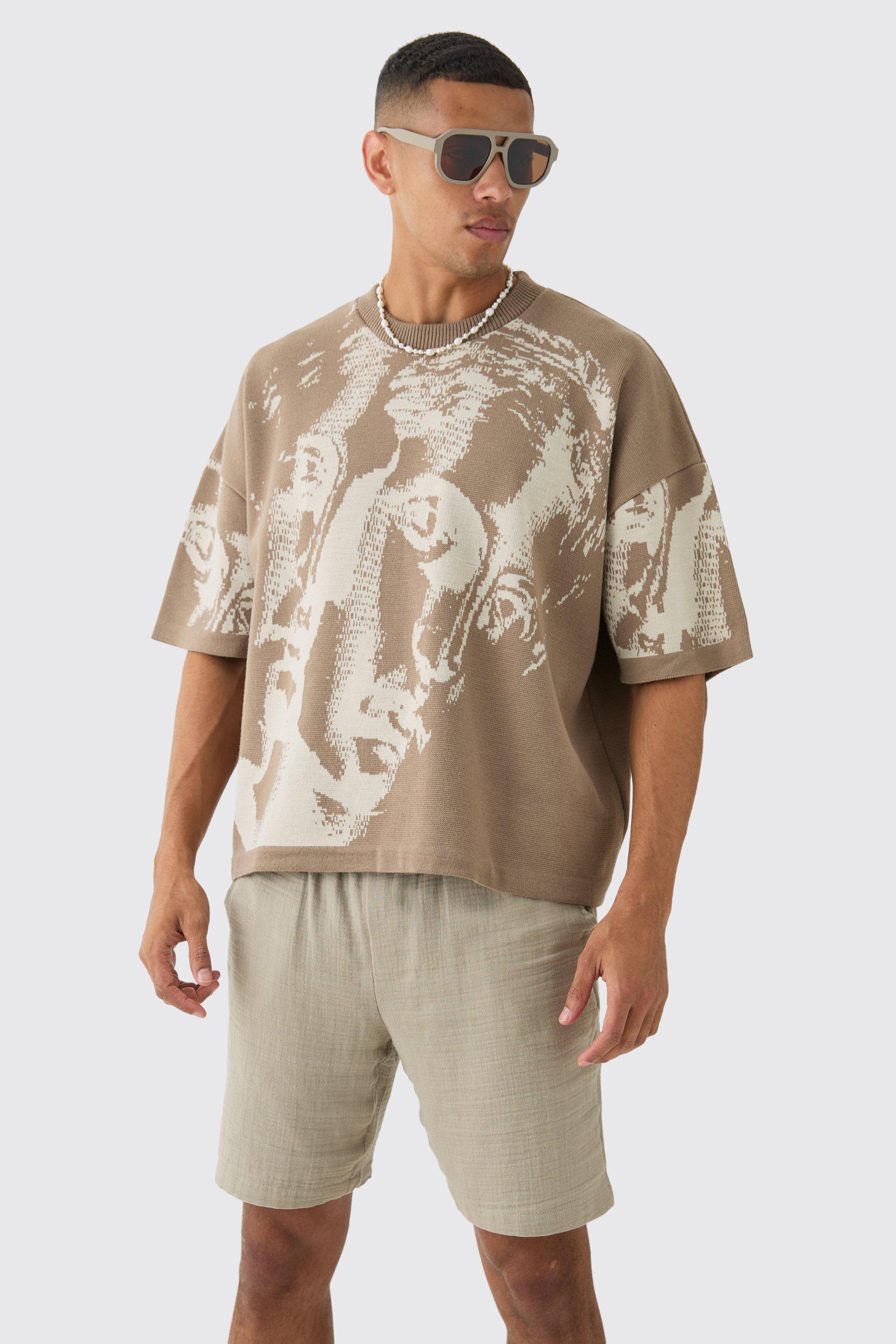 Oversized Renaissance Drawing Knitted T-shirt, Beige