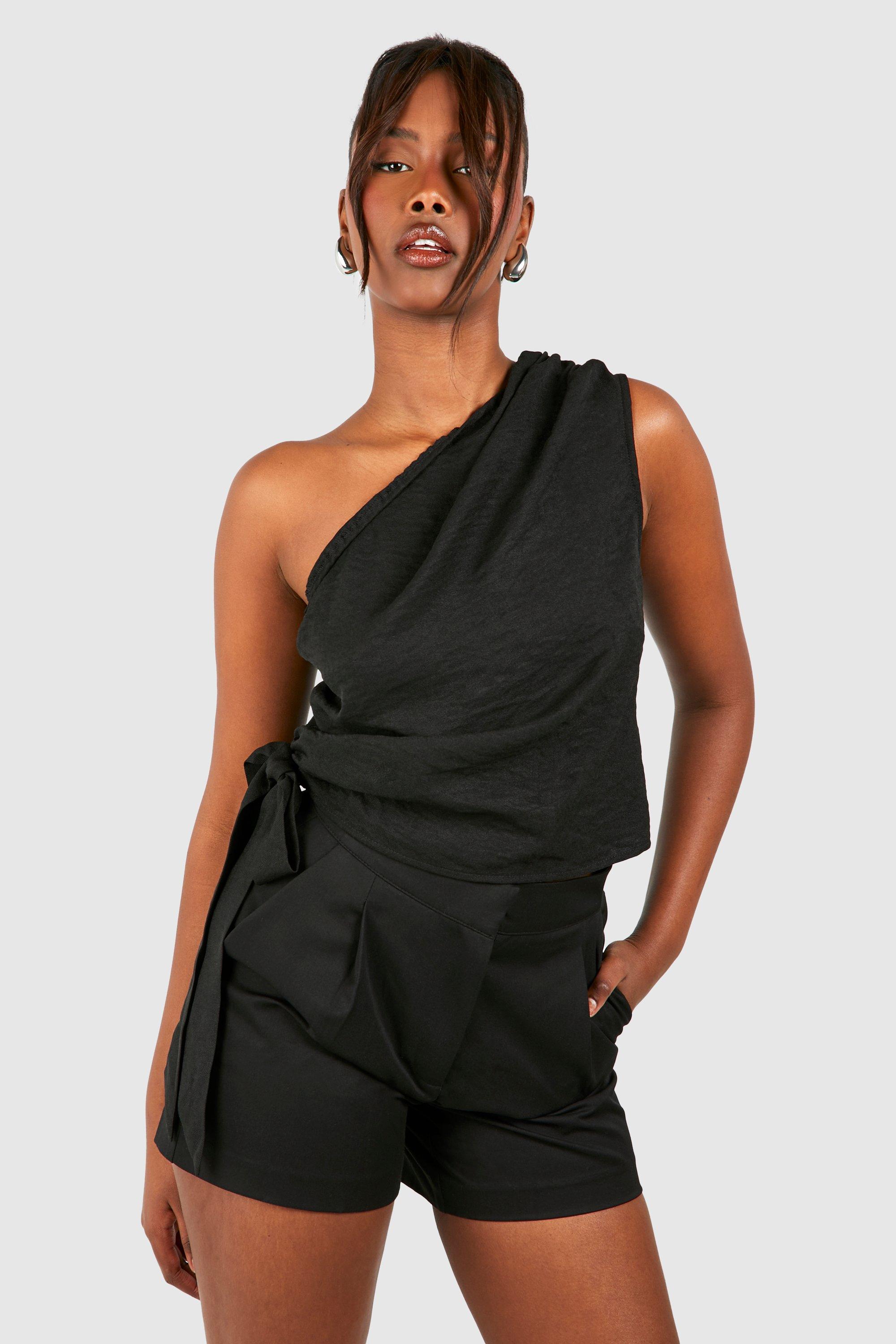 Linen Asymmetric Ruched Blouse, Nero