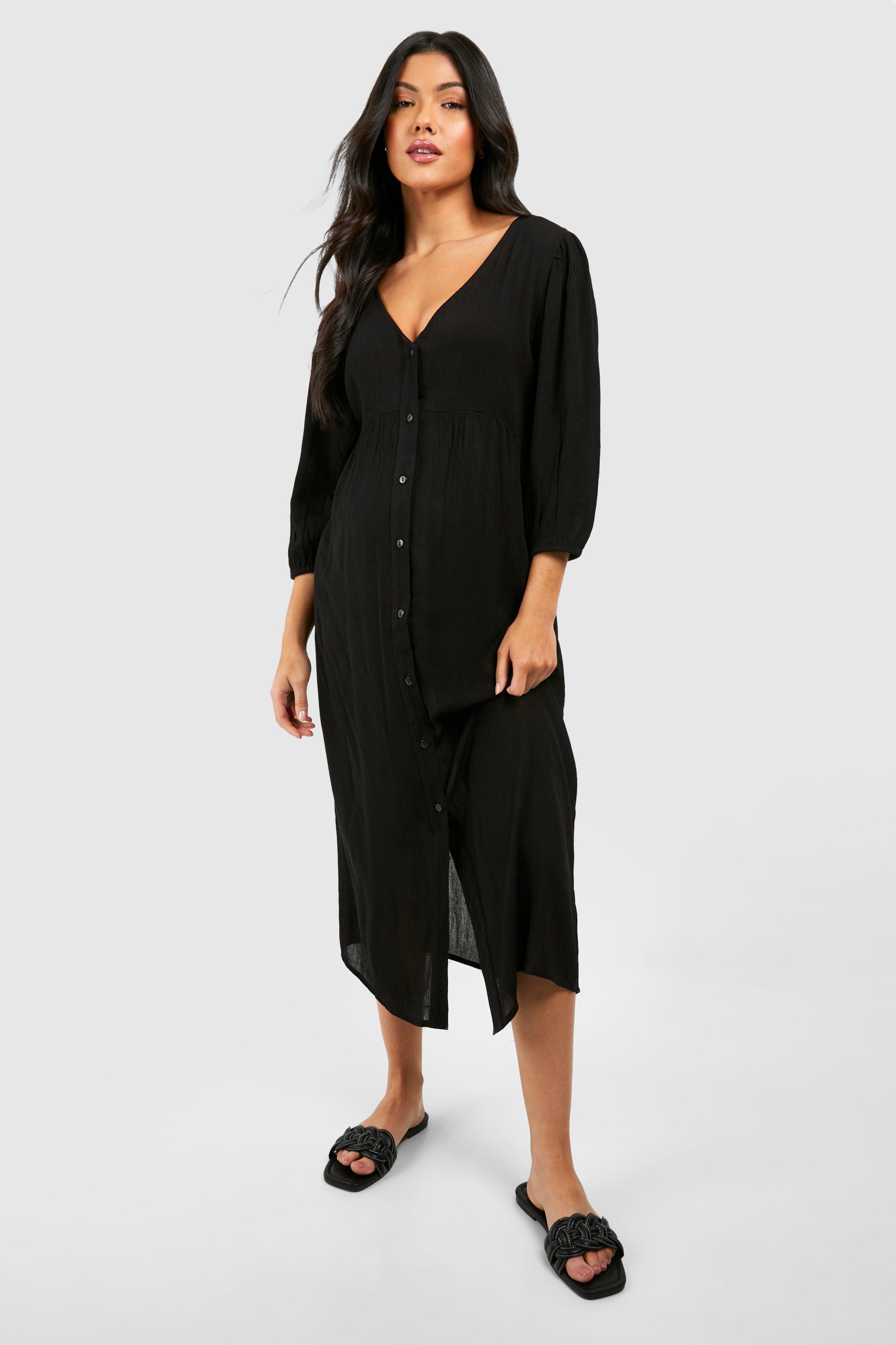 Maternity Cheesecloth Button Down Midi Dress, Nero